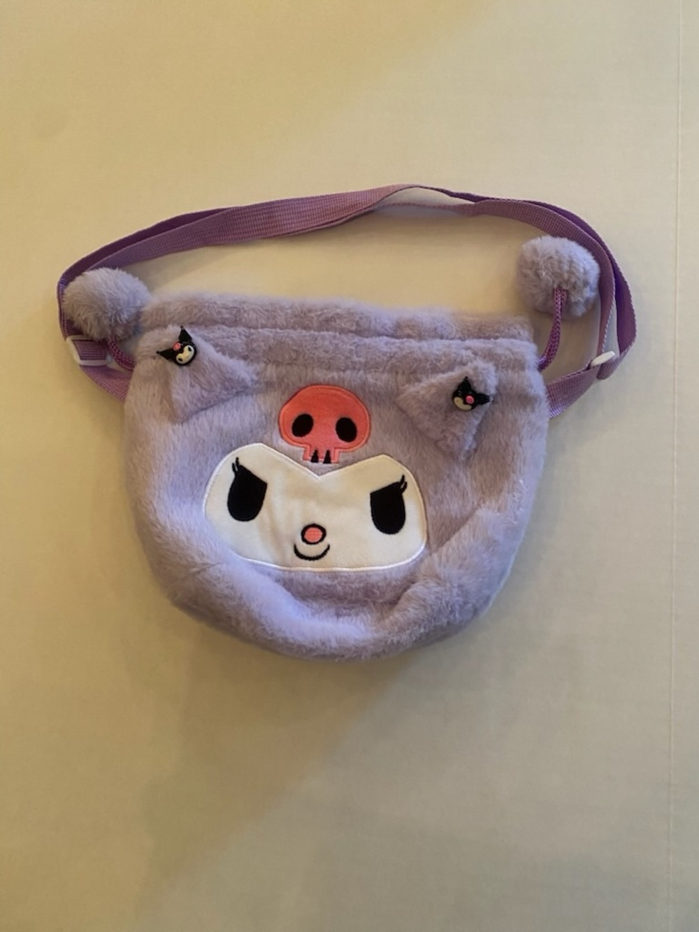 A Purple Kuromi Plush Character Drawstring Crossbody Bag for Kids
